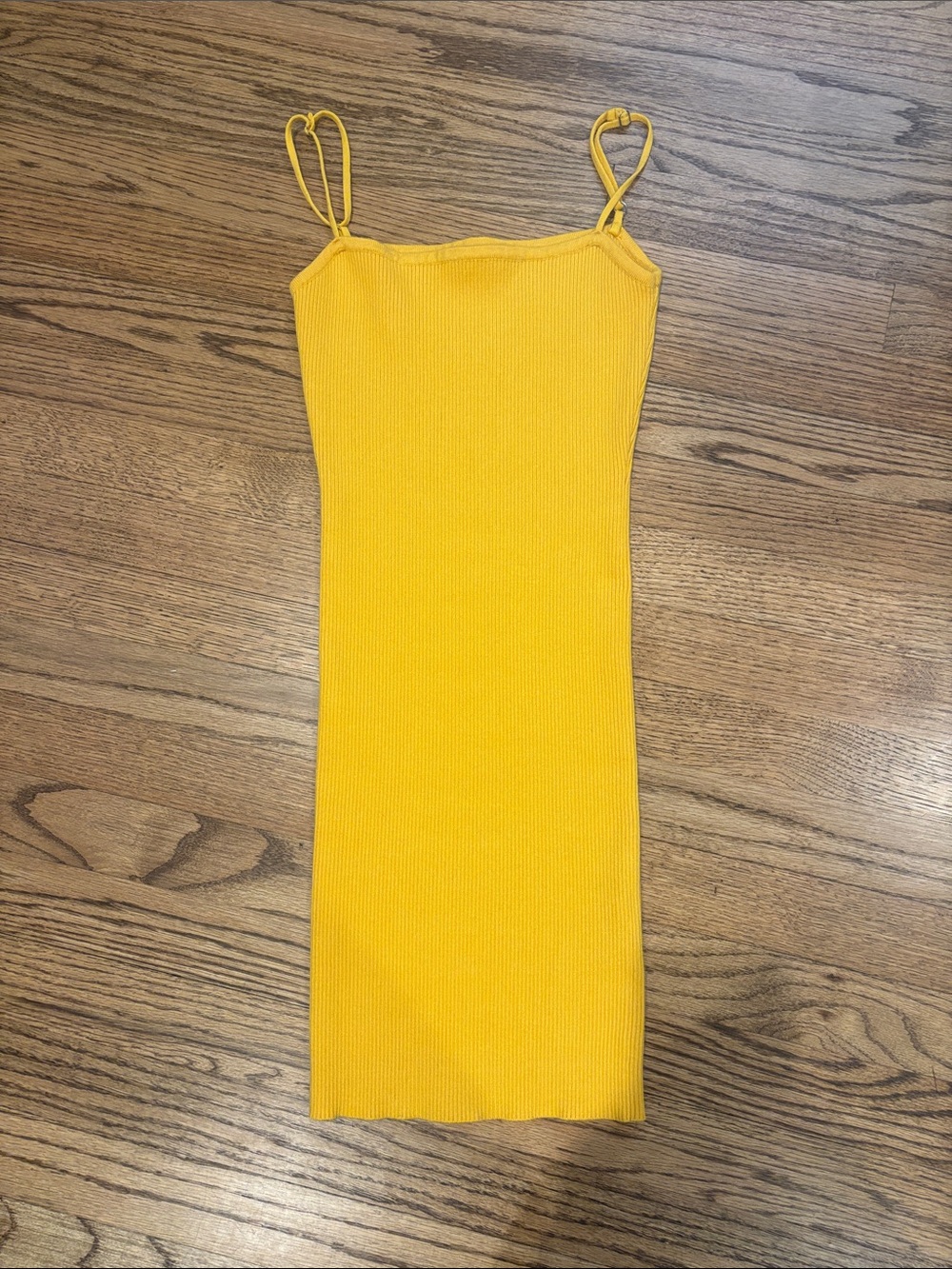 Edikted Yellow Ribbed Knit Mini Dress with Spaghetti Straps Medium